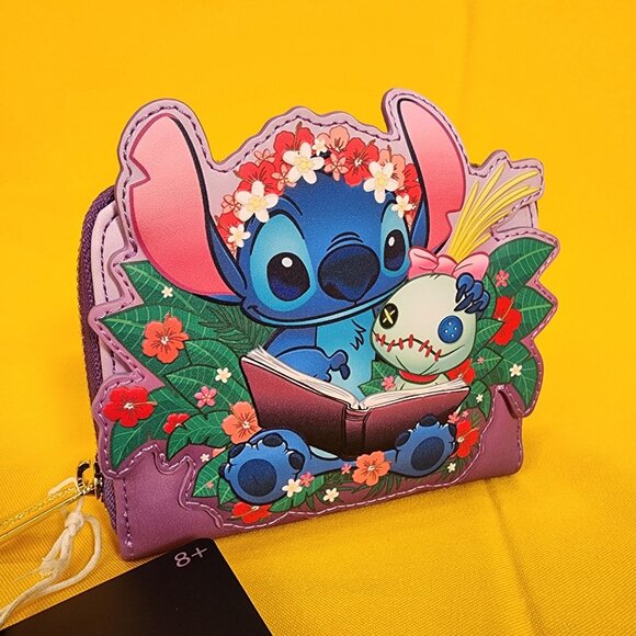 Loungefly Disney Lilo & Stitch Scrump & Stitch Reading Floral Purple Zip Wallet - Picture 3 of 13